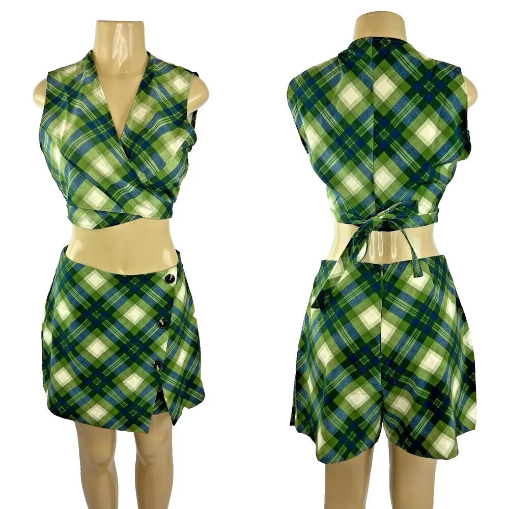 WeWoreWhat 3 Piece Suit Set Size L Cropped Blazer Skort Wrap Top Green Plaid